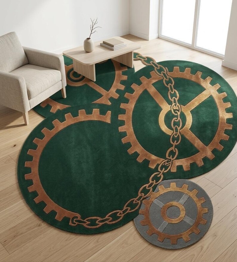 Steampunk Gear Area Rug Industrial Tufted Wool Green Copper Statement ...