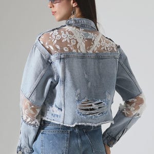 Ice Blue Lace Panel Cropped Denim Jacket, Distressed Button Front Women’s Jean Jacket