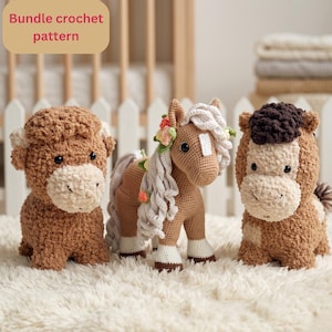 Patrón de amigurumi de caballo ecuestre, peluche de poni de ganchillo, PDF de animal de granja de peluche, juguete de caballo con crin floral, regalo para amantes de los caballos, decoración para guardería