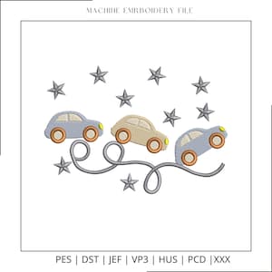 May include: Machine embroidery file featuring three toy cars in blue and tan, with brown wheels, connected by a gray line, and surrounded by gray stars. The text "MACHINE EMBROIDERY FILE" is at the top.