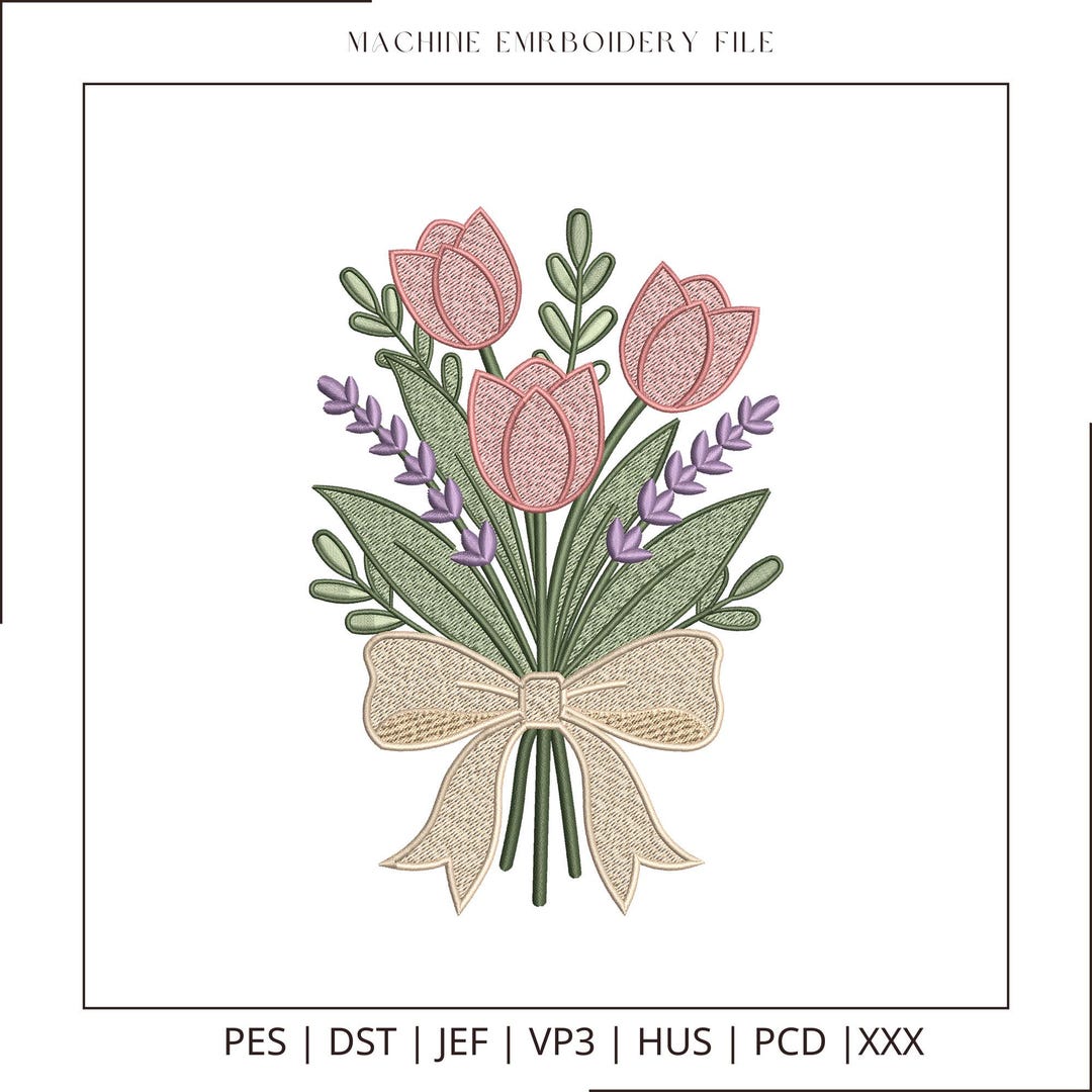 Pink Tulip and Lavender Bouquet Machine Embroidery File, Spring Flower ...