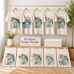 May include: A collection of ten cream-colored t-shirts, each featuring a unique cartoon bass design. The designs include fish with sunglasses, hats, and other accessories. The text "10-Shirt Design Bundle" is displayed on a sign.