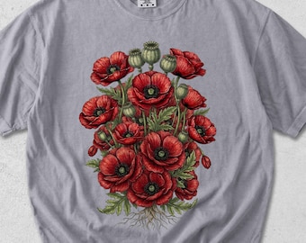 Camiseta com estampa floral de buquê de papoulas vermelhas, estilo verão.