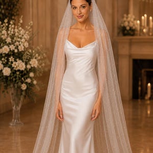 Puede incluir: Un velo de novia blanco largo hasta el suelo con peque&ntilde;as perlas dispersas por toda la tela transparente, combinado con un vestido de sat&eacute;n blanco sin mangas con escote tipo cowl y una silueta ajustada que cae hasta el suelo.