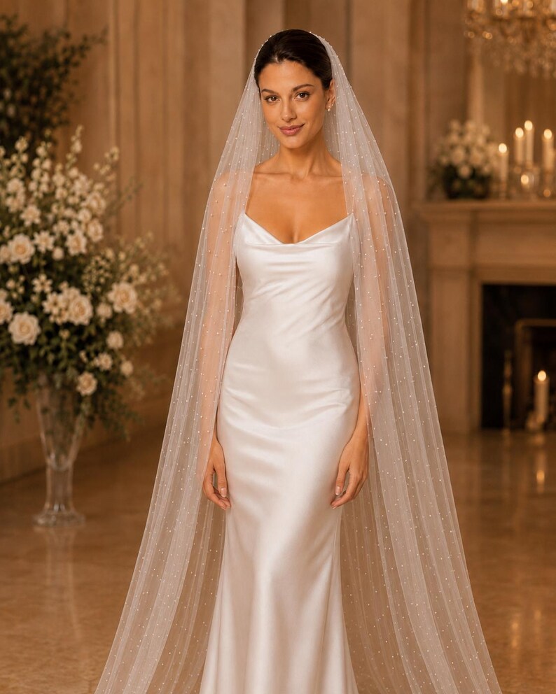 Puede incluir: Un velo de novia blanco largo hasta el suelo con peque&ntilde;as perlas dispersas por toda la tela transparente, combinado con un vestido de sat&eacute;n blanco sin mangas con escote tipo cowl y una silueta ajustada que cae hasta el suelo.