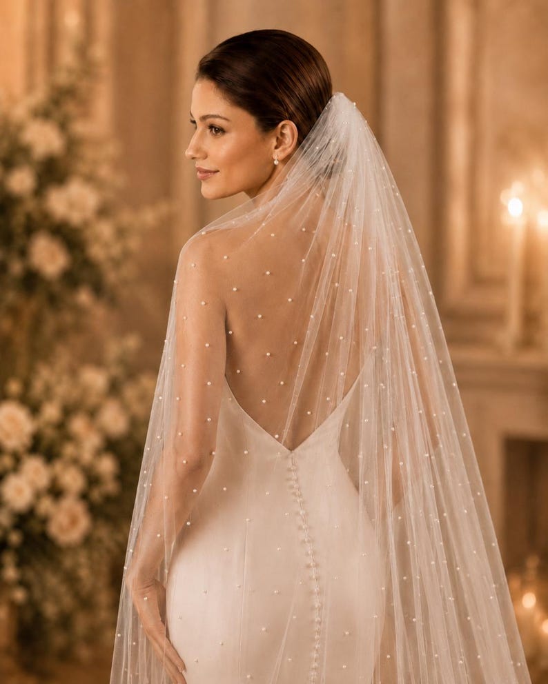 Puede incluir: Un velo de novia blanco transparente adornado con peque&ntilde;as perlas blancas dispersas, drapeado sobre los hombros y la espalda. El velo est&aacute; hecho de tela de tul fina y presenta una estructura delicada y ligera que cae por la espalda de un vestido.