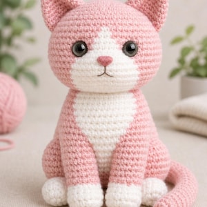 May include: A handmade crochet cat in pink and white. The cat has large black eyes, a pink nose, and a white chest marking. The cat is sitting upright with its tail curled. The yarn used appears to be soft and textured.