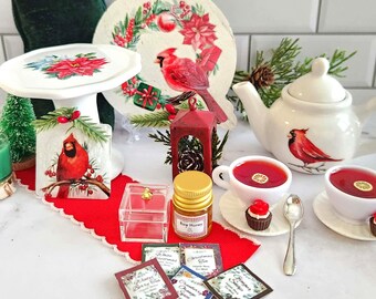 Miniature Christmas Tea Set 1:3 Scale for 14-18 inch dolls BJD doll Cardinal Tea Cart Holiday Dollhouse Diorama