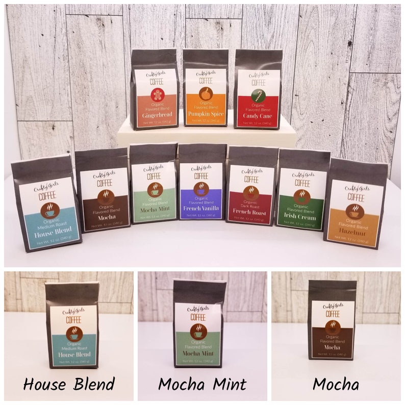 May include: A collection of 12 small bags of organic coffee, each with a different flavor. The flavors include House Blend, Mocha, Mocha Mint, French Vanilla, French Roast, Irish Cream, Hazelnut, Gingerbread, Pumpkin Spice, and Candy Cane.