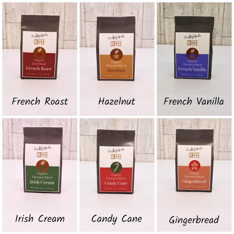 May include: Six brown paper bags with white text and images of coffee beans. Each bag features a different coffee flavor: French Roast, Hazelnut, French Vanilla, Irish Cream, Candy Cane, and Gingerbread.