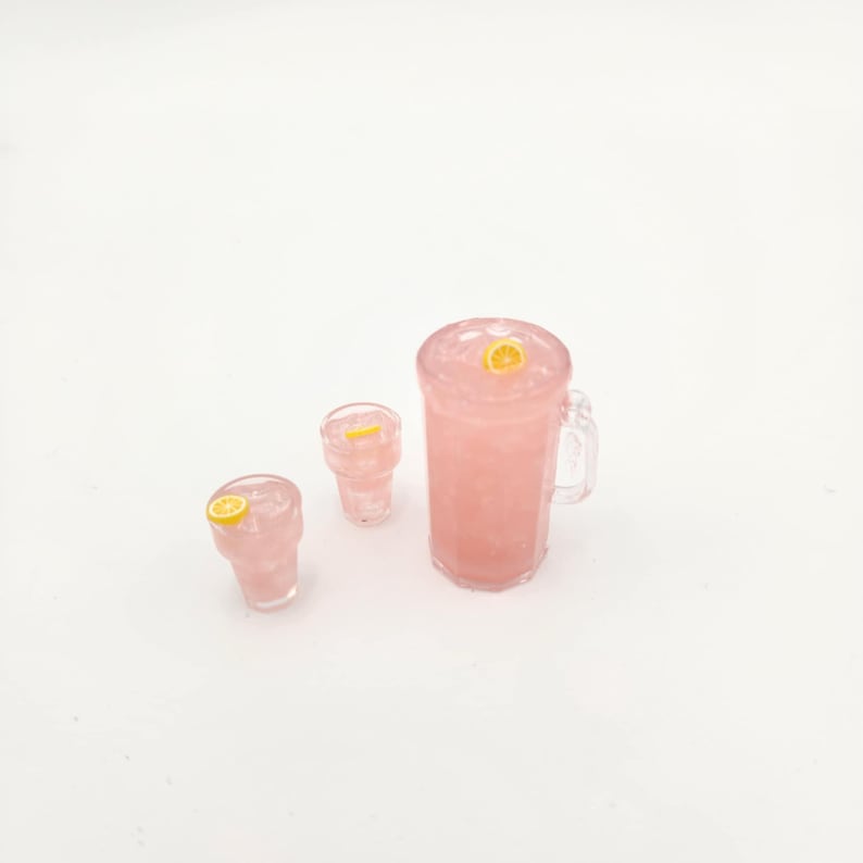 1:6 Scale Pitcher of Iced Tea or Lemonade with 2 glasses for 11 inch fashion dolls, BJD Dolls (Ready to Ship) Pink Lemonade Set