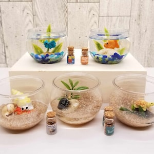 May include: Four miniature glass fishbowls with different aquatic creatures and plants. The bowls are filled with sand and water. There are three small glass bottles with labels that say "Betta", "Golden Pellet", and "Turtle Pellets".