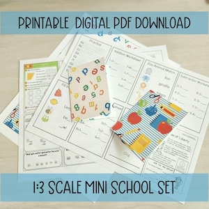 May include: A printable digital PDF download 1:3 scale mini school set featuring multiple educational worksheets with addition, subtraction, and animal matching exercises, alongside two small notebooks with colorful letter and school supply patterns.
