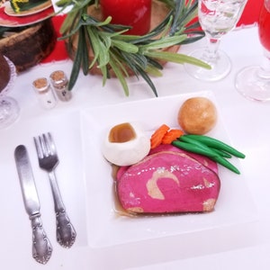 1:3 Scale Prime Rib Dinner with Mashed Potatoes, Green Beans/Carrots, Roll for 18 Inch Doll, 14 inch doll, BJD Doll (Ready to Ship)
