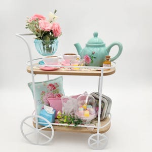 Mini Pink & Blue Tea Set, White Tea Cart and/or Decorations for 18 inch doll, 14 inch doll, BJD Doll, Home Decor (Ready to Ship)