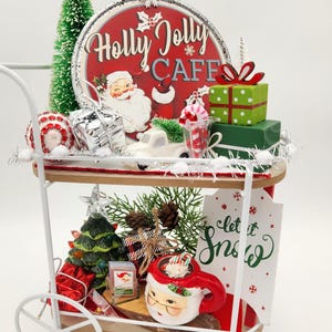Mini Holly Jolly Cafe Holiday Cart and/or tiered tray Decorations for 18 inch doll, 14 inch doll, BJD Doll, Home Decor (Ready to Ship)