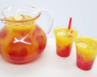 1:3 Scale Miniature Pitcher of Orange Brunch Punch and 2 Glasses for 18 inch doll READY TO SHIP