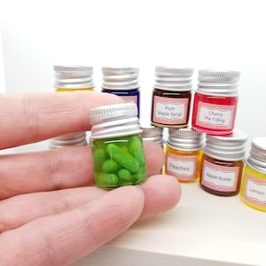 1/3 1/4 Scale Mini Canned Goods, Jams, Pickles, Preserves, Butters for 18 inch dolls, 14 inch dolls, BJD Dolls,  (Ready to Ship)
