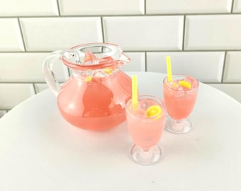 1:3 Scale Miniature Pitcher of PINK Lemonade with Goblets for 14 inch doll, 18 inch doll, BJD Doll
