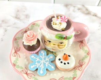 Mini Vintage Pink Santa 1:3 Scale Hot Cocoa and Cookie Plate for 14-18 inch dolls BJD doll Holiday Christmas Food Dollhouse Diorama