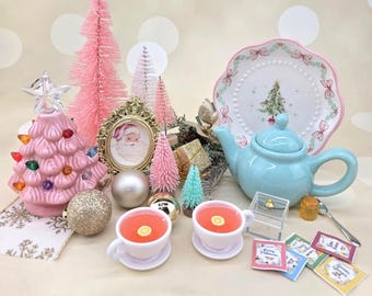 Mini Pink Christmas Tea Set 1:3 Scale Tea Service for 14-18 inch dolls BJD doll Holiday Dollhouse Cottage diorama