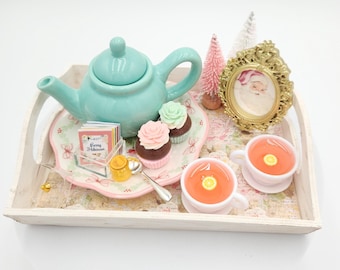 Mini Pink Christmas Tea Set 1:3 Scale Teapot with Tray for 14-18 inch dolls BJD doll dollhouse accessories diorama vintage Santa