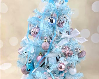 Mini 18 inch Pink Blue Decorated Christmas Tree for 14-18 inch dolls BJD doll Dollhouse Holiday Decorations Diorama Vintage Cottage Pastel