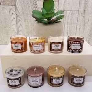 May include: A collection of eight small, scented soy candles in clear glass jars. Each candle has a different color and scent, including "Donut Shop," "Cappuccino," and "Espresso." The labels feature the scent names and decorative borders. A small succulent plant in a gray pot is in the background.