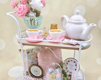 Miniature Tea Set 1:3 Scale Tea Service and Cart for 14-18 inch BJD Doll Dollhouse Cottage Decor dollhouse accessories