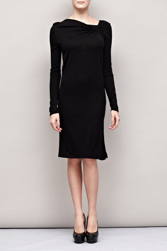 Items similar to Black Ruched Sweater Dress - Wool Dress - Sweater ...