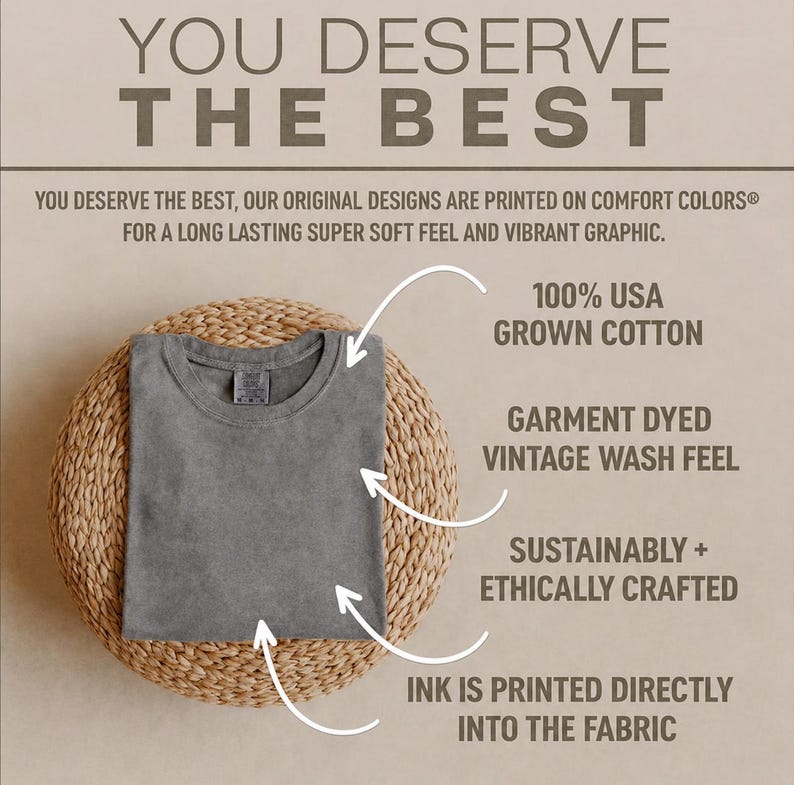 K&ouml;nnte beinhalten: Ein gefaltetes anthrazitfarbenes T-Shirt mit Rundhalsausschnitt. Der Text lautet: YOU DESERVE THE BEST. 100% USA GROWN COTTON, GARMENT DYED VINTAGE WASH FEEL, SUSTAINABLY + ETHICALLY CRAFTED, INK IS PRINTED DIRECTLY INTO THE FABRIC. Pfeile zeigen auf das T-Shirt.