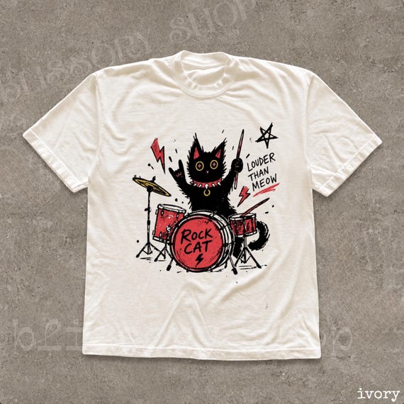 Vintage Rock Cat Graphic Tee, Funny Black Cat Drummer Shirt, Rock Band Cat T Shirt, Comfort Colors® Cat Lover Gift Tee