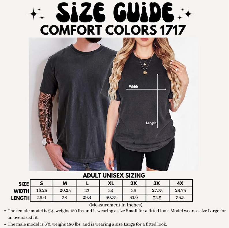 K&ouml;nnte beinhalten: Eine Gr&ouml;&szlig;entabelle f&uuml;r Comfort Colors 1717 T-Shirts mit einer &Uuml;bersicht f&uuml;r Unisex-Gr&ouml;&szlig;en f&uuml;r Erwachsene in Zoll. Die Tabelle listet Breiten und L&auml;ngen f&uuml;r die Gr&ouml;&szlig;en S bis 4X auf. Die Grafik enth&auml;lt Textbeschriftungen f&uuml;r Breite und L&auml;nge.