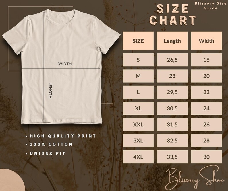K&ouml;nnte beinhalten: Ein beiges T-Shirt neben einer Gr&ouml;&szlig;entabelle mit der &Uuml;berschrift Blissory Size Guide. Die Tabelle listet die Gr&ouml;&szlig;en S bis 4XL mit den entsprechenden L&auml;ngen- und Breitenma&szlig;en in Zentimetern auf. Text: High Quality Print, 100% Cotton, Unisex Fit.