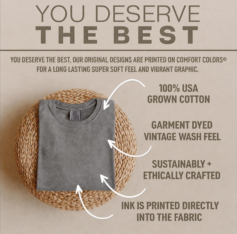 May include: A charcoal gray t-shirt with a crew neckline and a visible brand tag. Text on the image reads: YOU DESERVE THE BEST, 100% USA GROWN COTTON, GARMENT DYED VINTAGE WASH FEEL, SUSTAINABLY + ETHICALLY CRAFTED, INK IS PRINTED DIRECTLY INTO THE FABRIC.