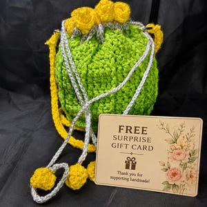 Handmade Crochet Floral Potli Bag | Green Yellow Flower Drawstring Mini Handbag