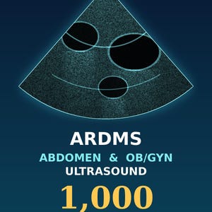 May include: A dark blue educational poster titled MEDICORADIOPEDIA featuring a medical ultrasound scan graphic with three black circular voids. Text includes ARDMS ABDOMEN & OB/GYN ULTRASOUND 1,000 PRACTICE MCQs with Answer Key & Rationales.
