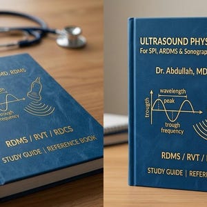 May include: A blue hardcover book titled Ultrasound Physics Notes for SPI, ARDMS & Sonography Board Exams by Dr. Abdullah, MD, RDMS. The cover features gold text, a wave diagram with wavelength, peak, trough, and frequency labels, and an ultrasound probe.