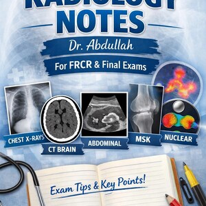 Pode incluir: Capa de livro de texto médico "Radiology Notes" do Dr. Abdullah, para os exames FRCR e finais. A capa apresenta radiografias de tórax, tomografias cerebrais, ultrassonografias abdominais, imagens musculoesqueléticas e exames de medicina nuclear. Um caderno aberto com "Exam Tips & Key Points!" também é visível.