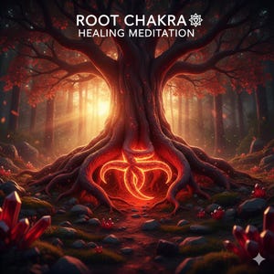 Puede incluir: Arte digital de un árbol brillante con el texto "ROOT CHAKRA HEALING MEDITATION". Las raíces del árbol forman un símbolo brillante. El fondo presenta un bosque con luz solar y cristales rojos.