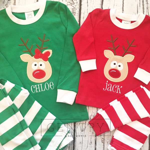 Christmas pajamas for infant, toddler, child. Happy Silly Reindeer with personalized name. Monogrammed Christmas jammies. Santa pictures.
