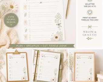 Lista de tareas botánicas imprimible / Página de planificador diario / Lista de verificación floral / Planificador verde neutro / Descarga digital instantánea en PDF