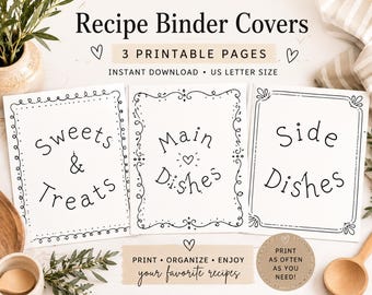 Recipe Binder Covers Printable | Black & White Recipe Book Cover Pages | Kitchen Binder Organizer | Instant Digital Download