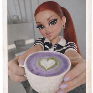 Lavender Matcha Latte Girl Polaroid Kiss-Cut Stickers | Cozy Café Vibes