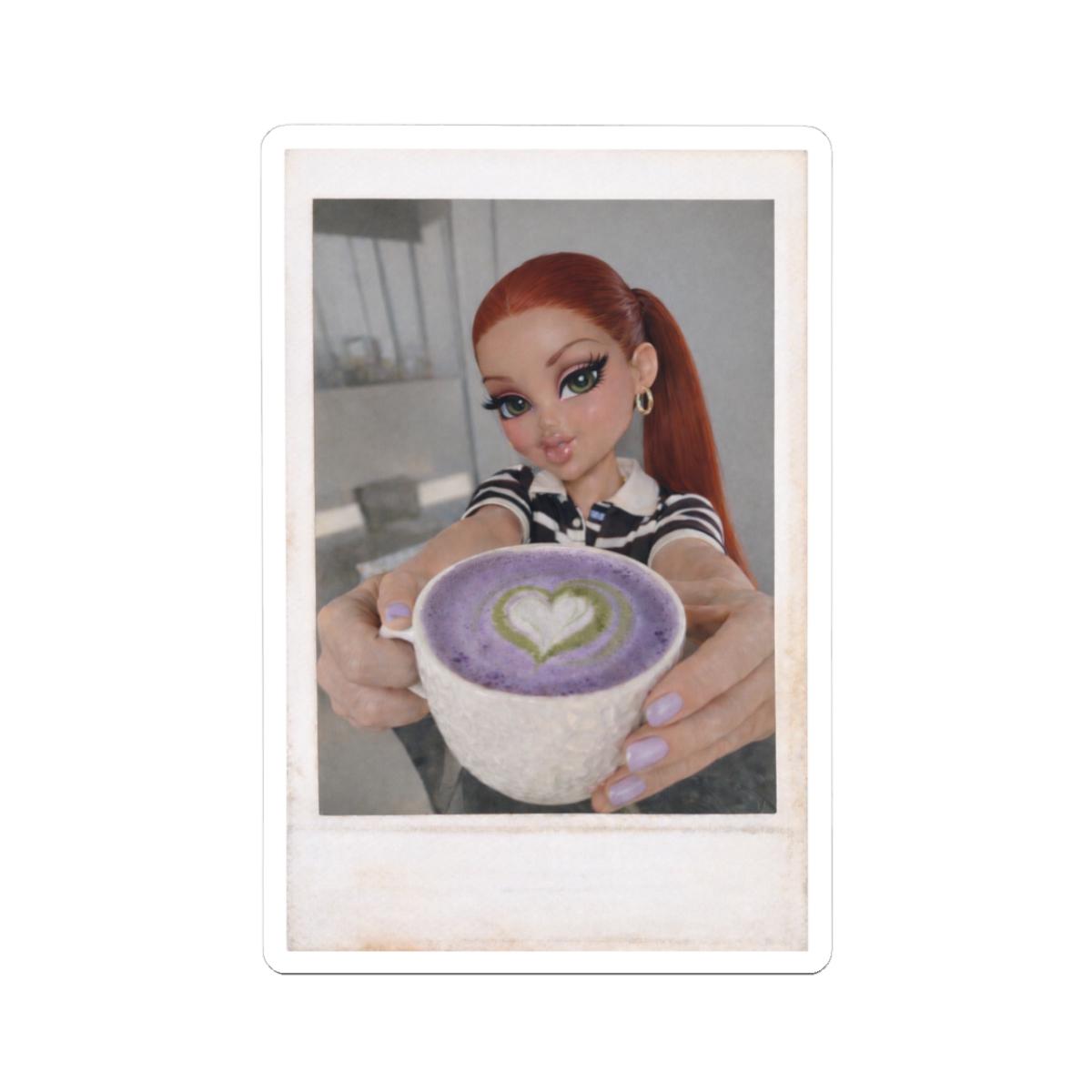 Adesivi Polaroid fustellati con ragazza del matcha alla lavanda / Atmosfera accogliente da caffè