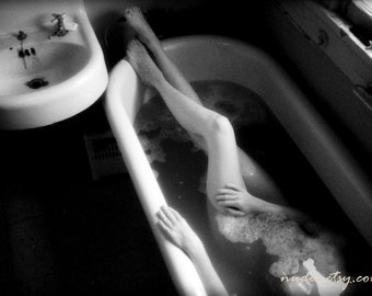 Stretching in Bath - Black and White Fine Art Nude Photography - Reclining Nude Bath - Fine Art Print- Sensual Bedroom Art