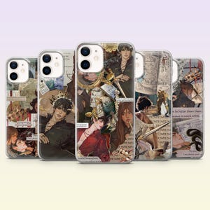 May include: A collection of five phone cases featuring collage-style designs. Each case showcases a different artistic composition with images of people, text, and decorative elements. The cases have a glossy finish and are designed for various phone models.