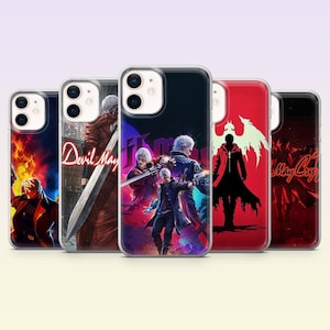May include: Five smartphone cases featuring Devil May Cry character artwork. Each case displays different scenes with characters in red and dark coats, swords, and guns, with the text Devil May Cry visible on several designs against vibrant backgrounds.