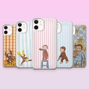 May include: Five phone cases with cartoon monkey designs. The cases display patterns like stripes and checks. The monkey is shown in different scenes, including brushing teeth and wearing pyjamas. The cases are in various colours.