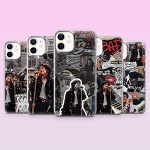 May include: Five phone cases with a collage design featuring images of Michael Jackson. The cases have a clear background with black and white images, text, and graphics. The cases are designed to fit a smartphone.